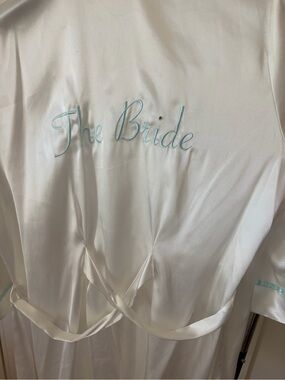 Bride Satin Robe with Light Blue “The Bride” Embroidery